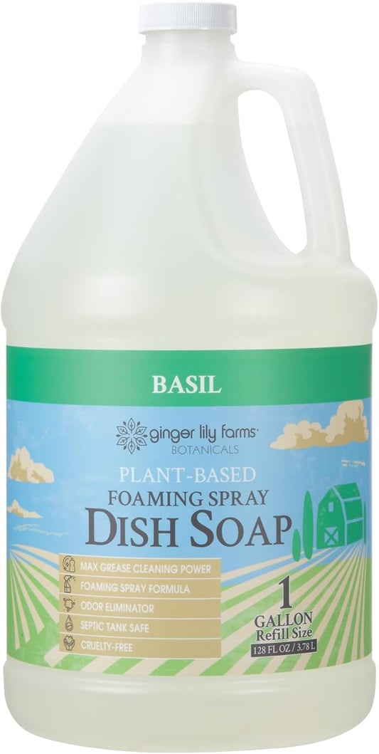 Ginger Lily Farms Botanicals Plant-Based Foaming Spray Dish Soap, Concentrated Formula with Max Grease Cleaning Power, Cruelty-Free, Basil Scent, 1 Gallon (Pack of 4)