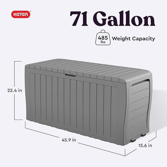 Keter Marvel Plus 71 Gallon Resin Outdoor Storage Box for Patio, Balcony & Garden – Weather‑Resistant Deck Box for Cushions, Pillows, Pool Floats & Tools, Light Grey