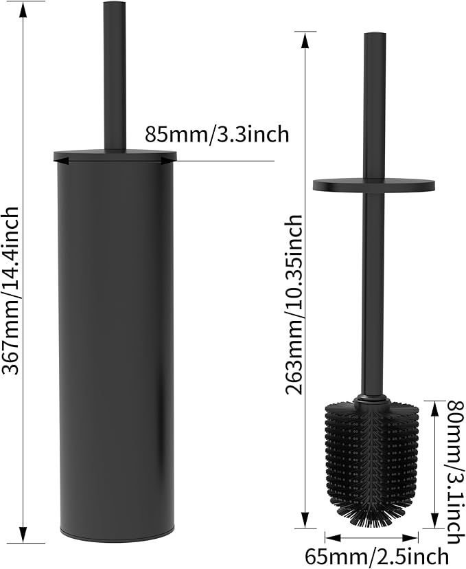 Toilet Brush and Holder Set, 2 Pack Stainless Steel Toilet Bowl Brush with Lid, Rust Proof Toilet Cleaner Brush with Caddy, Durable Bristles, Splash Proof, Ideal for Bathroom(Matte Black)