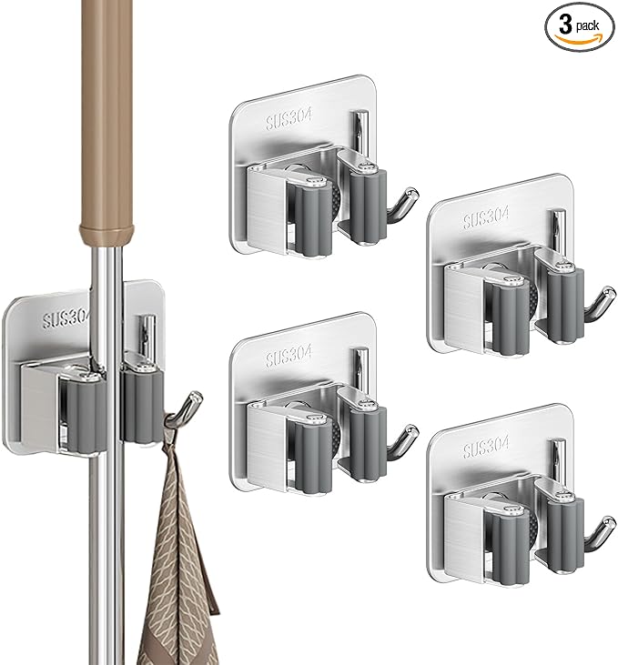 Mop Broom Holder Wall Mounted: No-Drill Self-Adhesive Mop and Broom Organizer, Heavy-Duty Space-Saving Anti-Slip Design for Kitchen, Garage, and Bathroom (4 Pack, White)