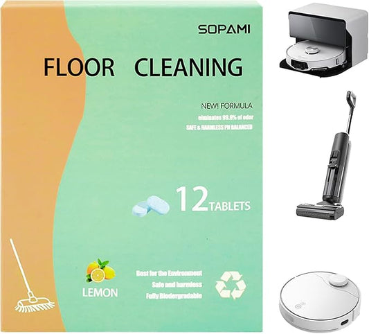 SOPAMI 24pcs Floor Cleaning Solution Tablet Deep Cleans for Multiple Hard Floors, Tile and Vinyl Floors,Suitable With All Robot Vacuums with Mopping and Cordless Wet/Dry Vacuum Mop Cleaner lemon Scent