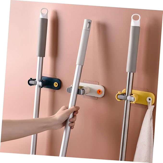 ABOOFAN 4pcs Self-adhesive Mop Broom Holder Wall-mounted Storage Rack Microfiber Fixator No Drilling in Yellow Orange Blue Beige