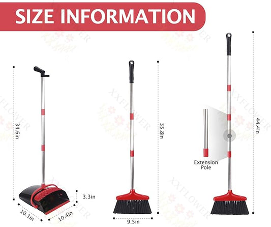 Broom and Dustpan Set with Long Handle, Light Weight Stainless Steel Poles Stand Upright Dustpans with Broom Combo for Home Kitchen Office Pet Dog Hair, Black & Red Color, 1-Pack