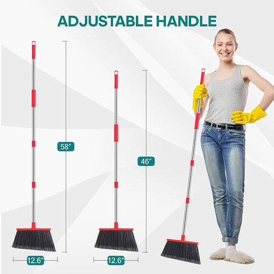 PBHEPJ Broom, Outdoor Broom for Floor Cleaning, 58" Long Stainless Steel Handle, Hard Bristle Angle Broom for Sweeping Indoor, Commercial, Industrial, Garage, Kitchen