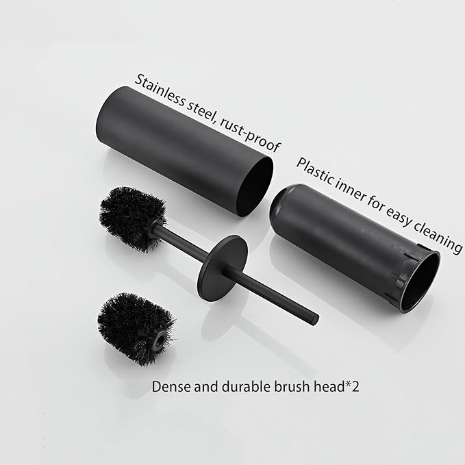 Matte Black Toilet Brush and Holder Set - Stainless Steel Toilet Bowl Scrubber with Replaceable Head & Splash Guard