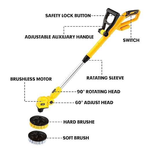 Electric Floor Scrubber Compatible with DeWalt 20v Battery(Tool Only) Cordless Spin Cleaning Machine, Brushless Heavy-duty Power Cleaner, 2 Brushes, Telescopic Long Handle, for Tile Grout Bathroom Tub