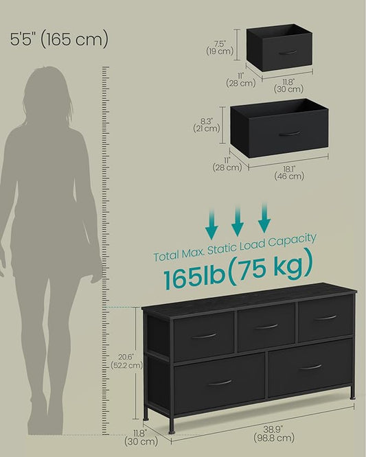 SONGMICS Dresser for Bedroom, Chest of Drawers, Steel, MDF, 5 Non-Woven Fabric Drawers, Storage Organizer Unit, Closet, Entryway, Ink Black and Ebony Black ULGS322B01S