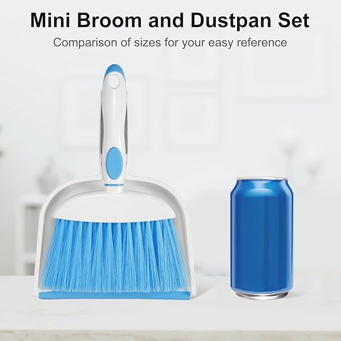 NACENA Small Dust Pan and Brush Set, Mini Broom and Dustpan Set Small Hand Broom and Brush Combo Dust Pan for Home Cleaning Drawers Desktop Sofas and Outdoor, Dark & Blue