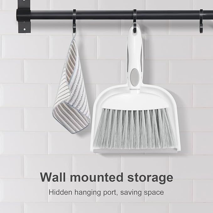 NACENA Small Dust Pan and Brush Set, Mini Broom and Dustpan Set Small Hand Broom and Brush Combo Dust Pan with Teeth for Home Cleaning Drawers Desktop Sofas and Outdoor, White & Gray