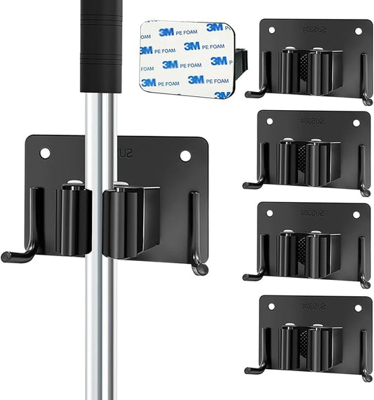 Mop and Broom Holder Wall Mount Stainless Steel 304 Tool Garage Organization Rack Screw and Self Adhesive Broom Hanger Heavy Duty 4pcs (Double Hooks Big Size,4pcs Black), TBJ001