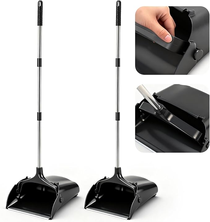 Maxcheck 2 Pcs 37 Inch Lobby Dust Pan Bulk Upright Lobby Dust Pan Plastic Commercial Dustpan with Long Handle Upright Standing Dustpan Heavy Duty for Office Home Indoor Outdoor Use (Black)