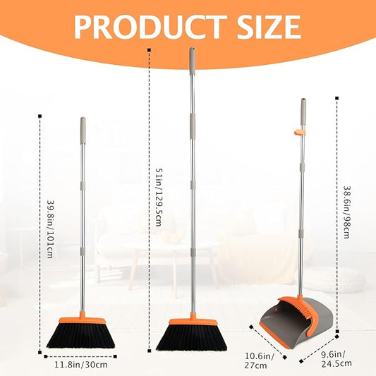 2-Pack Broom and Dustpan Set with Long Handle, Heavy Dust Broom and Dustpan Combo for Home,Kitchen, Office, Pet Hair(Gray Orange)