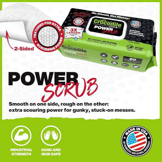 Crocodile Cloth PowerSCRUB Cleaning Wipes – 80 (15" x 10") Dual-Surface Cloths, Heavy-Duty, Moist, Absorbent, & Disposable - Safe on Skin & Multiple Surfaces