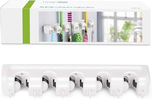 LETMY Broom Holder Wall Mount - Mop and Broom Hanger Holder - Garage Storage Rack & Garden Tool Organizer - 5 Position 6 Hooks Broom Rack for Home, kitchen, Garden, Tools, Garage Organization - White