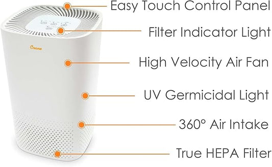Crane Air Purifier with True HEPA Filter, UV Light, 250 Sq Feet Coverage, Timer Function, Sleep Mode, Washable Particle Filter, EE-5067