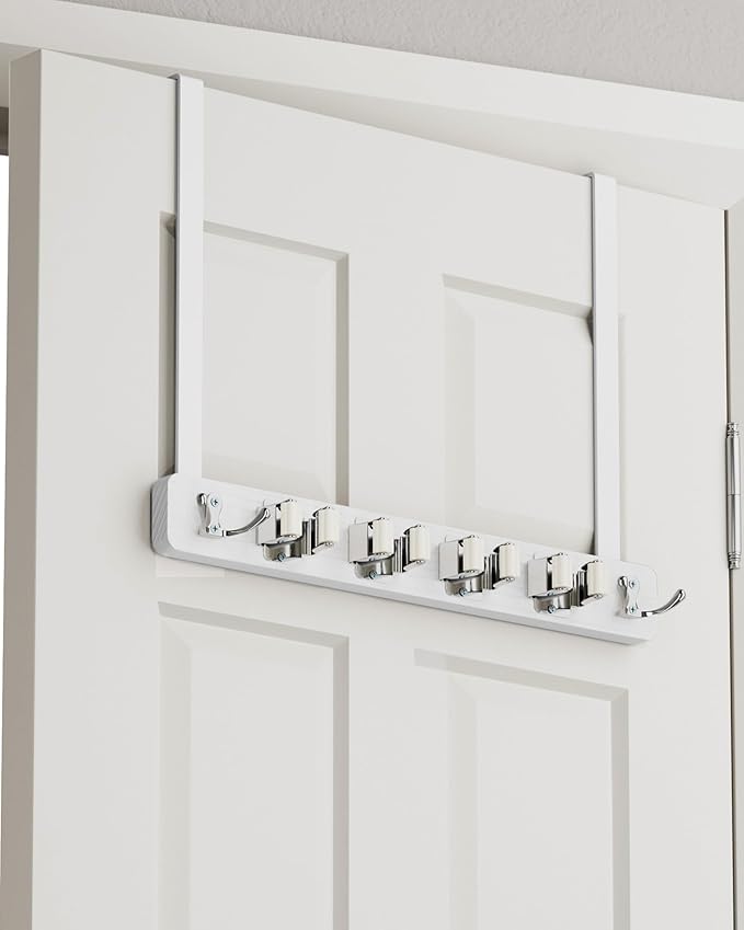 Over the Door Broom Holder, Mop and Broom Holder Door Mount, Hanging Organizer with 4 Racks & 2 Hooks, Wooden Hanger Storage Decor, Laundry Tool Organizer for Closet Garage, No Drills