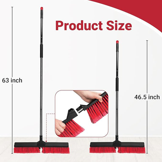 24" Push Broom with 63" Long Handle, Heavy Duty Broom for Floor Sweeping, Stiff Bristles Push Broom Brush for Workshop, Garage, Concrete, Patio and Deck