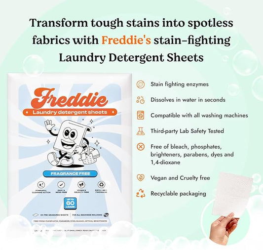 Freddie Low-Waste Laundry Detergent Sheets – Jug Free Format – Pre-Measured Strips – 60 Loads – Unscented for Sensitive Skin