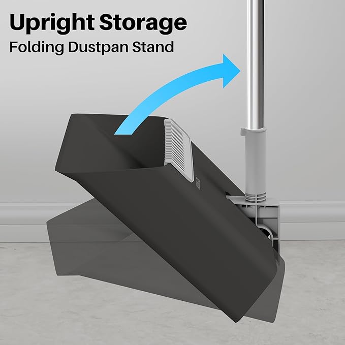 JOYMOOP Black Broom and Dustpan Set, Upright Angle Design with Built-in Comb Teeth for Home, Office, Hardwood Floors, Pet Hair