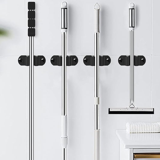 Mop and Broom Holder Wall Mount Heavy Duty Stainless Steel Wall Mounted Broom Organizer Laundry Room Home Garden Garage Storage and Organization Rack (Black)