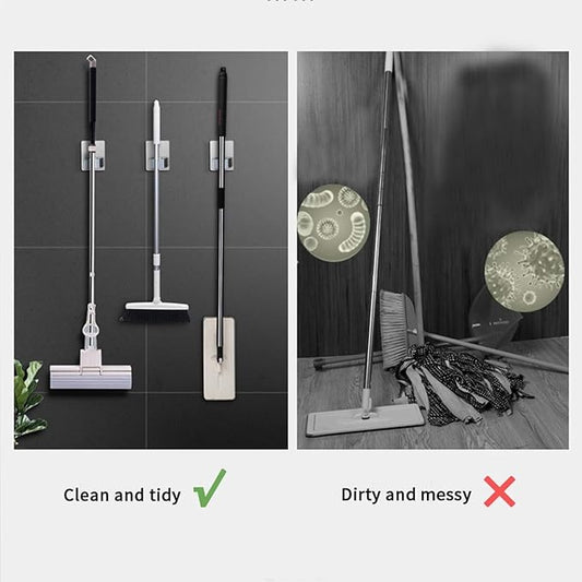 Broom and Mop Holder Wall Mounted, Stainless Steel Self-Adhesive Single Broom Hanger Hook,Organizer Rack for Kitchen Garage Closet Pantry Refrigerator,Rectangle - Gray (4 Pack)