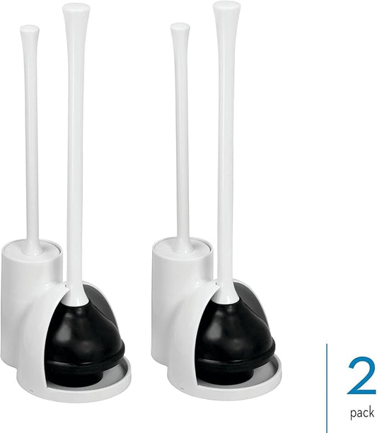 iDesign Compact Plunger Set for Bathroom Cleaning and Storage-Set of 2-White Toilet Brush