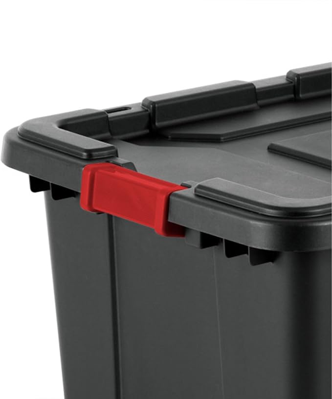 Sterilite 4-Pack Industrial Tote, Plastic Storage Bins with Lids, 27 Gallon, Black - Heavy-Duty Organizing Containers for Closet, Bathroom, and Office