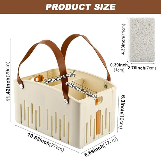 Portable Shower Caddy with Cleaning Sponge, Foldable Shower Storage Basket with Handle and Adjustable Divider, Quick Dry Bathroom Organizer Bin for Bathroom,Dorm,College,Camp,Travel(COLOR:Cream)
