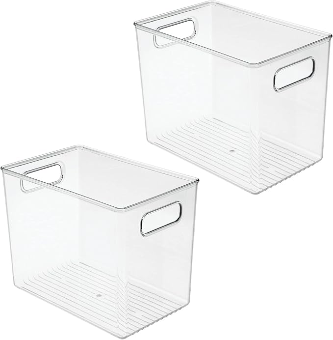 mDesign Plastic Modern Kitchen, Pantry Food Storage Container Bin w/ Handles - Cabinet, Fridge/Freezer, Countertop Organizer - Snacks/Drink/Appliances; Ligne Collection, Clear, 10x6.5x7.75 (Pack of 2)