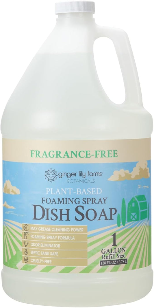 Ginger Lily Farms Botanicals Plant-Based Foaming Spray Dish Soap, Concentrated Formula with Max Grease Cleaning Power, Cruelty-Free, Fragrance-Free, 1 Gallon (Pack of 4)