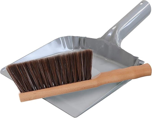 Metal Dust Pan and Brush Set Soft Bristle Wooden Broom Heavy Duty Pan Portable Size