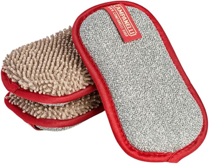 CAMPANELLI Premium Dual-Sided Dish Sponge | Chenille Microfiber & DiamondFiber Scrubber, Washable Reusable Sponges for Dishes Pots & Pans, Ergonomic Grip | 3 Pack - Taupe Gray Red