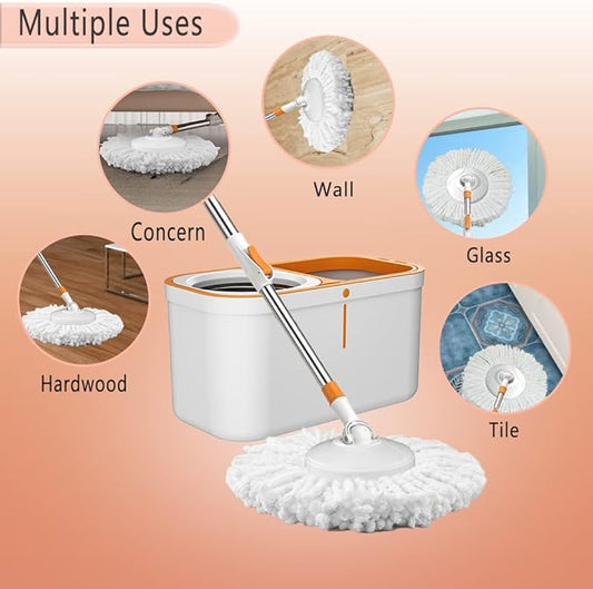 Floor Spin Mop and Bucket Set with Wringer System Extended Stainless Steel Handle 61"for Home Floor Cleaning Use with 5 Replacement Head Refill and 1 Cleaning Brush Head