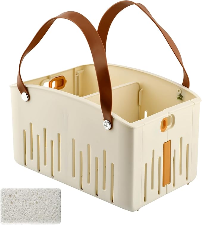 Portable Shower Caddy with Cleaning Sponge, Foldable Shower Storage Basket with Handle and Adjustable Divider, Quick Dry Bathroom Organizer Bin for Bathroom,Dorm,College,Camp,Travel(COLOR:Cream)