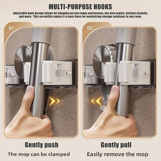 Broom and Mop Holder Wall Mount 2PCS Suction Cup Organizer with Retractable Rack No Drill Bathroom Storage Transparent Grey