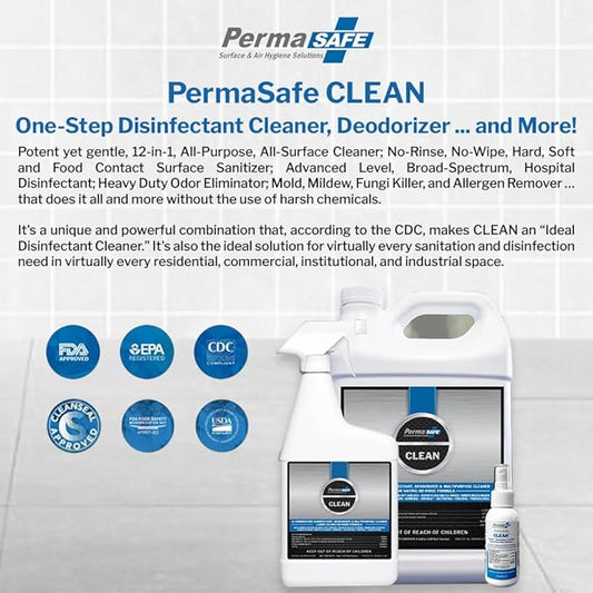 PermaSafe CLEAN 1-Step Disinfectant, Deodorizer & All-Purpose Cleaner; Soft, Hard & Food Surface Sanitizer; Kills 99.9% of Bacteria, Viruses, Molds, and Fungi - Child, Pet, Planet & All Surface Safe