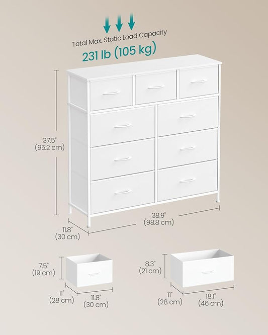 SONGMICS Dresser for Bedroom, Chest of Drawers, Steel, MDF, 9 Non-Woven Fabric Drawers, Storage Organizer Unit, Closet, Entryway, Cloud White and Snow White LGS324W01S