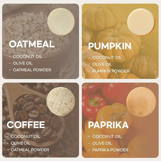 Handmade Natural Solid Dish Soap Bar 6PCS with Hand Made Scrubber, Paprika, Oatmeal, Coffee, Pumpkin, Solid dish washing bar, Natural ingedients, Vegan Dishwashing Block, 1 Crochet Scrubber