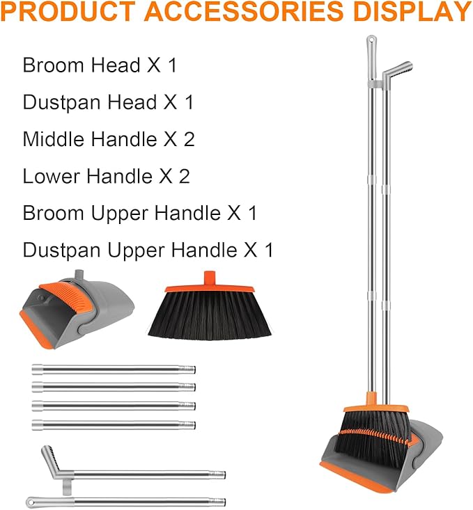 Broom and Dustpan Set for Home, Broom with Dustpan Combo Set, 51" Long Handle Dust Pan Set for Household