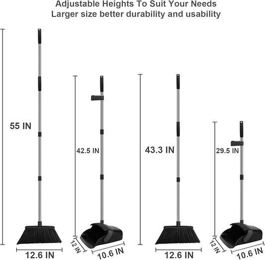 Broom and Dustpan Set, Large Household Broom with Dustpan Combo Set, 55" Long Handle Black Dust Pan Kit for Kitchen Lobby Office Indoor Outdoor