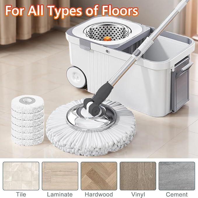 360 Spinning Floor Cleaning System with 6 Extra Refills Heads Extended Handle Household Cleaning Automatic Hand-Free Automatic Dehydration Mop for Household Floor Cleaning (White Blue)