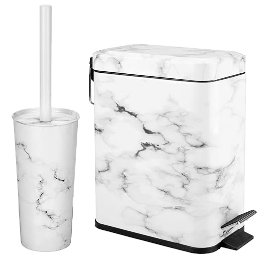 mDesign Metal Freestanding Slim Toilet Bowl Brush and Holder + Rectangle Narrow 5 Liter / 1.3 Gallon Step Pedal Trash Can Wastebasket for Bathroom - Small, Compact Design - Set of 2 - White Marble