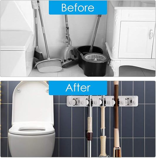 Tangkula Wall Mount Mop Broom Holder, Hanging Broom Organizer w/ 5 Slots & 6 Hooks, Home Storage Organizer Rack, Hanging Utility Rack for Home, Kitchen, Garage, Laundry (White)