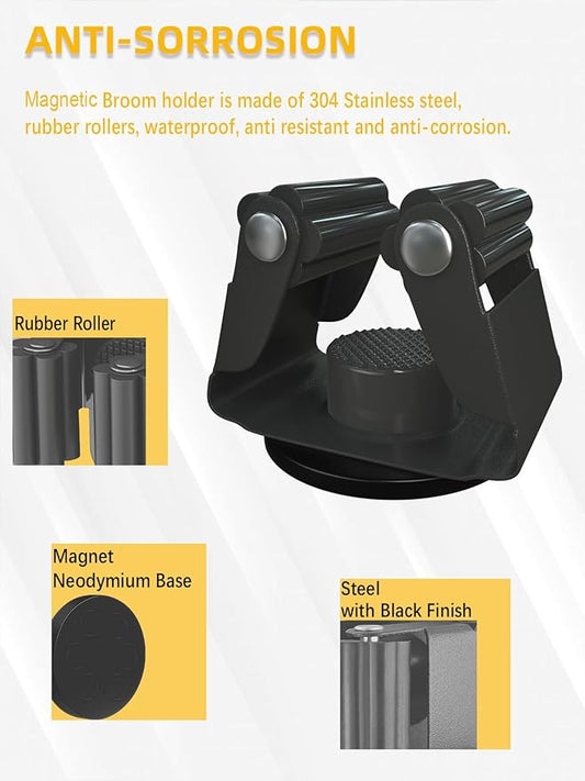 Mop Holder Magnetic, Magnetic Broom Holder for Fridge - Heavy Duty Magnetic Broom Holder Black Steel Magnetic Tool Mount for Home, Kitchen, Laundry, Garage, Workshop - 2 Pack/Black+Grey