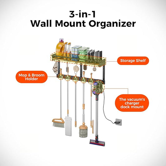Broom Holder Wall Mount with Shelf, Broom Hanger with Vacuum Organizer and Hooks, Broom and Mop Organizer Wall Hanging for Laundry Room, Garage, Utility Closet, Kitchen(Large)