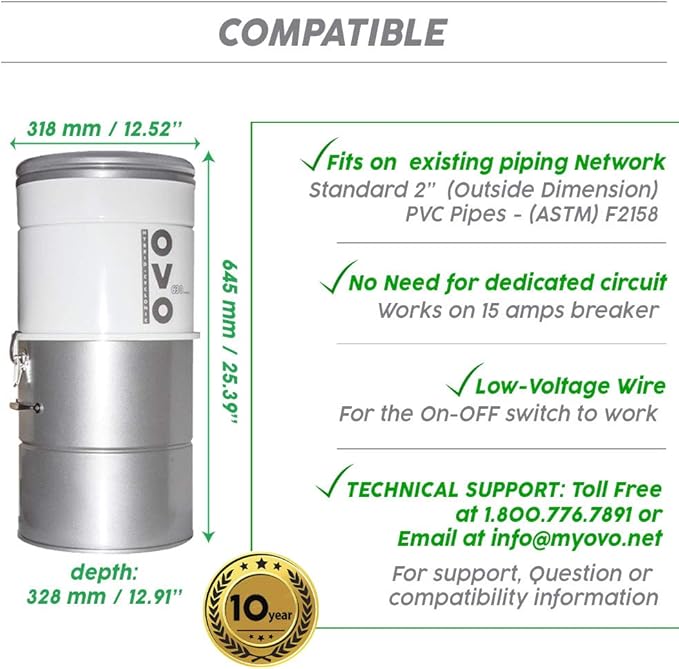OVO Large and Powerful Central Vacuum System, 630 AWHybrid Filtration (With or Without disposable bags), Covers up to 7500 sq.ft, 6,6 Gal / 25L Bottom load Rolled Steel Canister