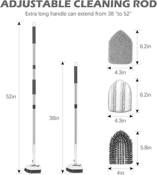 SetSail Floor Scrub Brush, 3-in-1 Tile Tub Floor Scrubber with 52-inch Adjustable Long Handle Shower Cleaner Brush and 4 Detachable Replacement Brush Heads for Cleaning Bathroom Tub Tile, White Grey