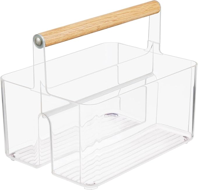mDesign Plastic Portable Shower Caddy Divided Basket Bin Storage Organizer with Bamboo Handle for Bathroom, Dorm, Shelf & Cabinet Holds Shampoo, Conditioner - Aura Collection, Clear/Natural
