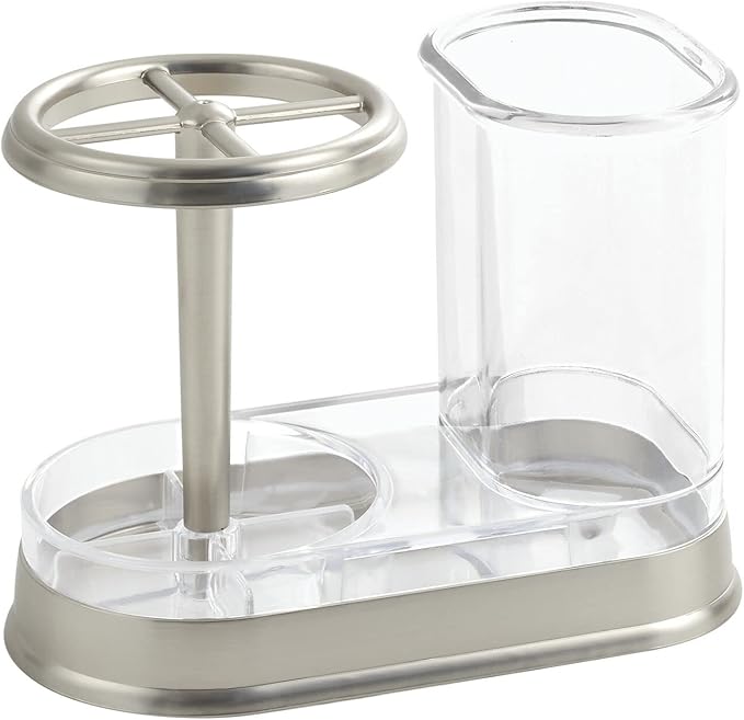 mDesign Decorative Bathroom Dental Storage Organizer Holder Stand for Electric Spin Toothbrush/Toothpaste - Compact Design for Countertop and Vanity, Holds 4 Standard Brushes - Clear/Brushed