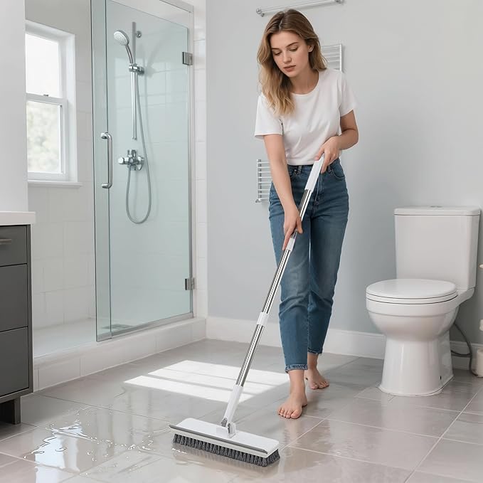 Floor Scrub Brush with 55" Long Handle, 2-in-1 Floor Brush with Built-in Squeegee, Adjustable Angle Head and Stiff Bristles for Tile, Wood, Concrete & Textured Floor Cleaning